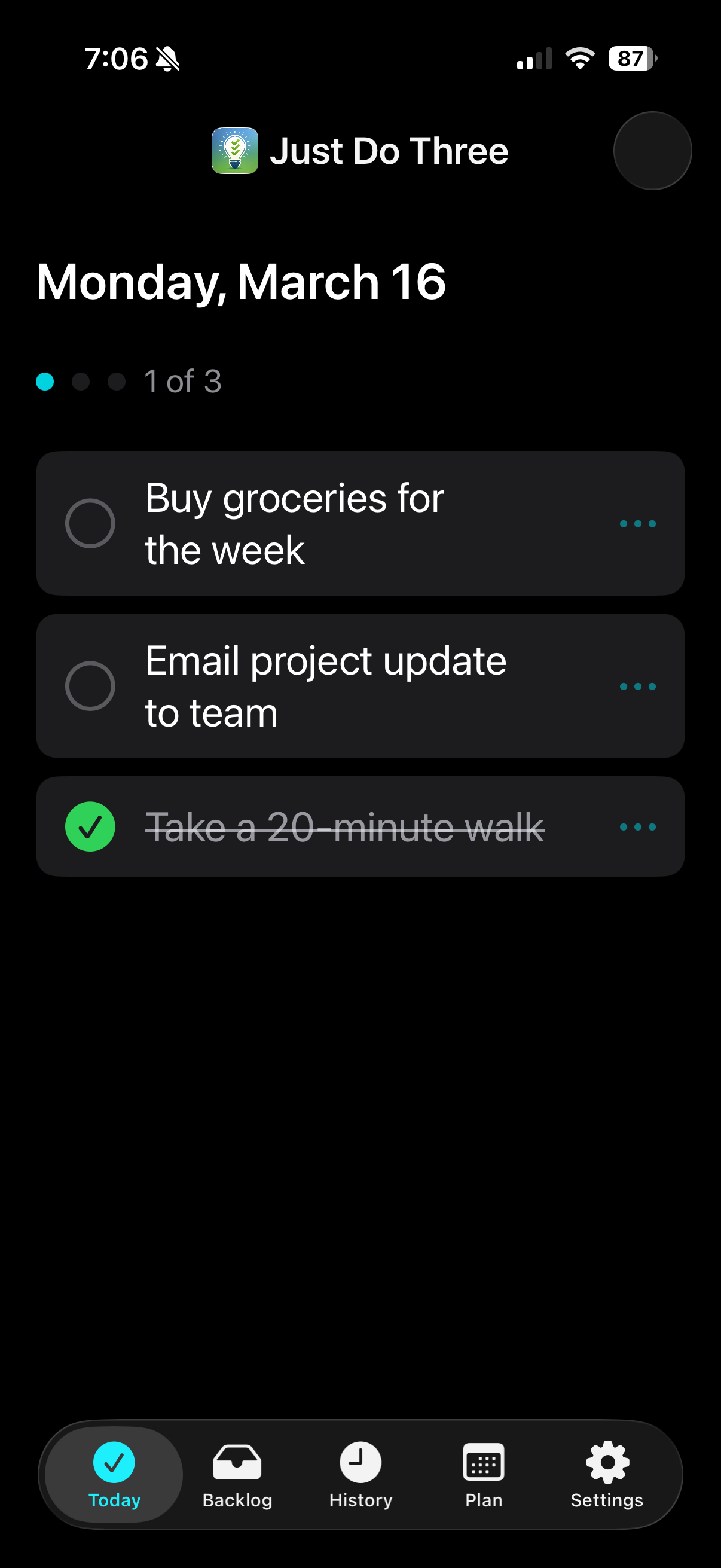 Just Do Three app – today's three priority tasks on iPhone