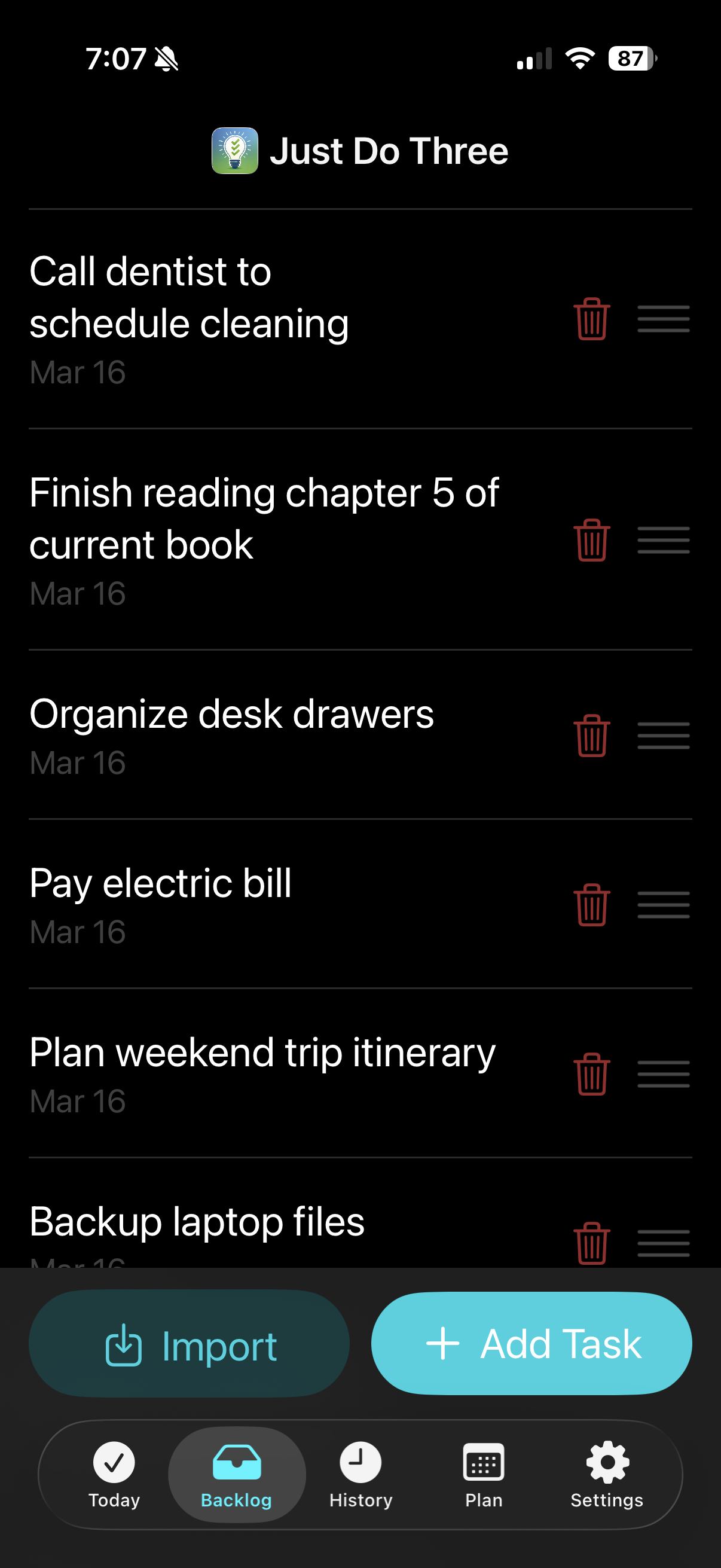 Just Do Three app – task backlog list on iPhone
